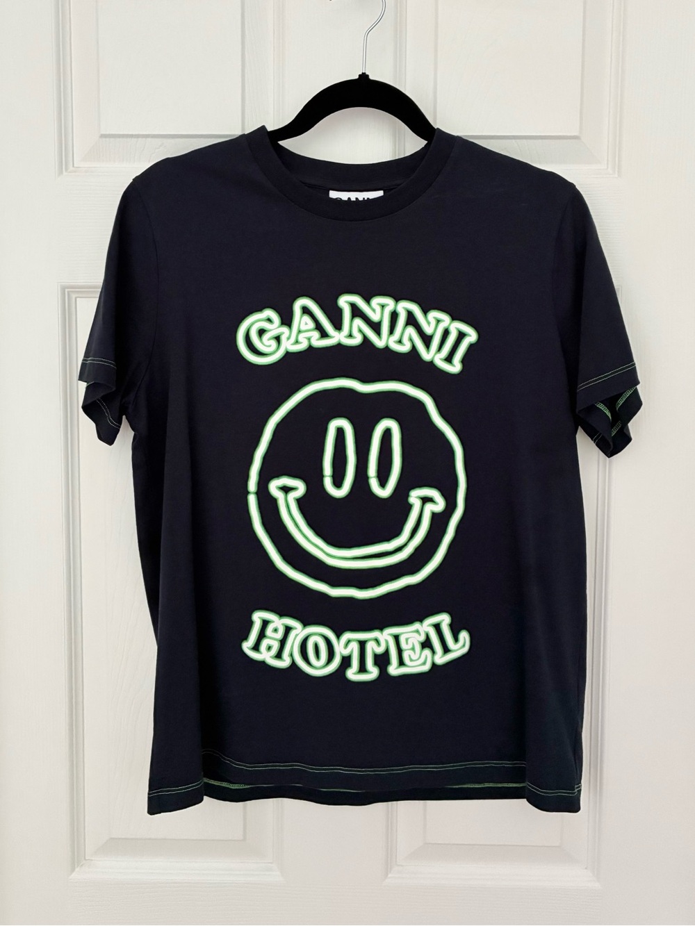 GANNI Navy Blue Ganni Hotel Smiley Face T-Shirt Tee - Picture 10 of 16